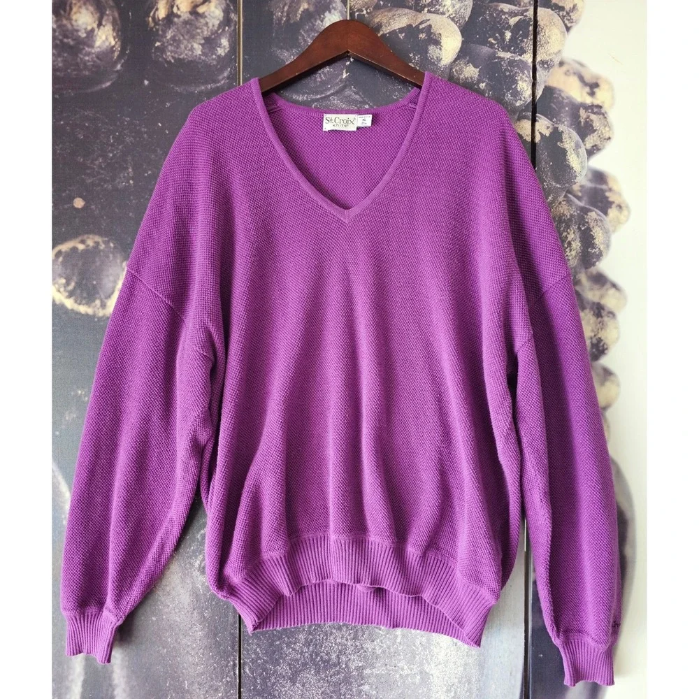 Vintage 90s‎ St Croix Sweater Mens XL Knit Purple V Neck Cotton Baggy Relaxed